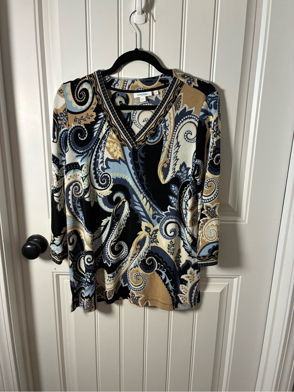 Chico's Paisley V-Neck Tunic in Black, Tan and Blue
